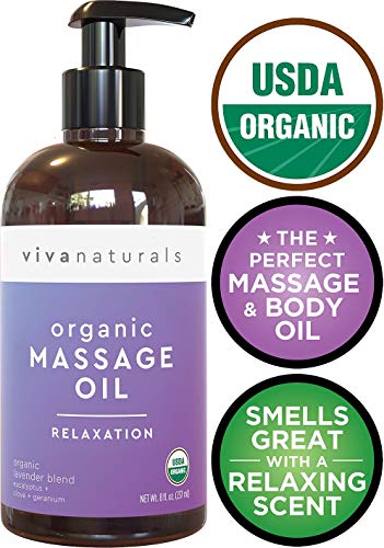 Certified Organic Massage Oil with Relaxing Lavender Scent, Perfect for Couples Massage and Stiff Muscle Relief, Works Great as a Sensual Body Oil (8 fl. oz.)