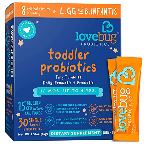 Lovebug Probiotic and Prebiotic for Kids, 15 Billion CFU, for Children 12 Months to 4 Years, Best Children's Probiotics, Contains 1 Gram Fiber, 30 Packets