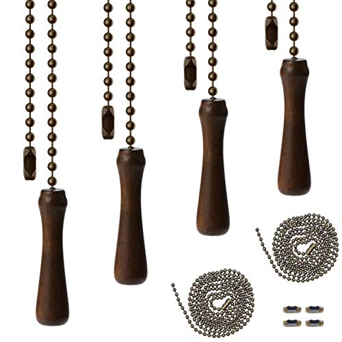 4Pcs Ceiling Fan Pull Chain with Extra 2Pcs Beaded Extension Chains, 4 Pull Loop Connectors, Wooden Pull Chain Extension for Ceiling Light Lamp Fan Chain Extender Decorative (Walnut Color)