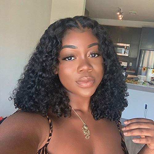 VSHOW Lace Front Wigs Human Hair Short Curly Bob Deep Wave 150% Density Human Hair Wigs for Black Women Pre Plucked with Baby Hair 13x4 Swiss Lace Size Jet Black Color 14'