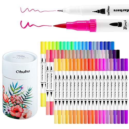 Ohuhu Art Markers Dual Tips Coloring Brush Fineliner Color Pens, 60 Colors of Water Based Marker for Calligraphy Drawing Sketching Coloring Book Bullet Journal Art Mother's Day Back To School Gifts