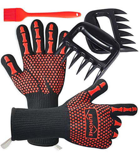 EUHOME 3 in 1 BBQ Grill Accessories with EN407 Certified Oven Mitts 1472 F° Extremely Heat Resistant BBQ Grilling Gloves, Grill Brush & BBQ Bear Claws for Grill, Baking, Christmas