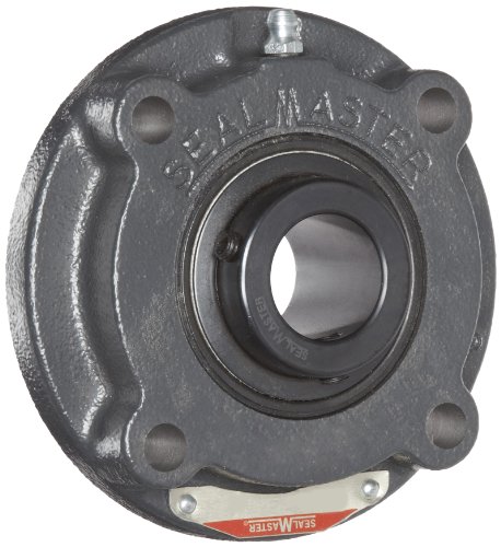 Sealmaster MFC-43 Medium Duty Piloted Flange Cartridge, 4 Bolt, Regreasable, Felt Seals, Setscrew Locking Collar, Cast Iron Housing, 2-11/16' Bore, 8-3/4' Overall Length, 5-5/16' Bolt Hole Spacing Width, 9/16' Flange Height, ±2 Degrees Misalignment Angle