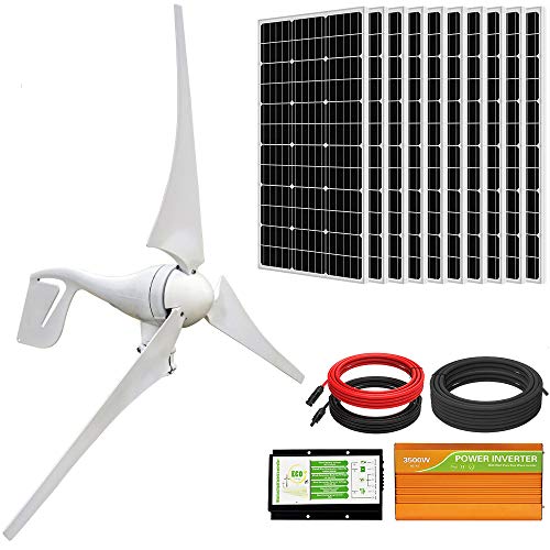 ECO-WORTHY 1400W Wind Solar Power Kit: 400W DC 24V Wind Turbine Generator 3 Blade with Controller & 10pcs 100W Mono Solar Panels & 3500W 24V-110V Off Grid Inverter for Home, Boat, RV