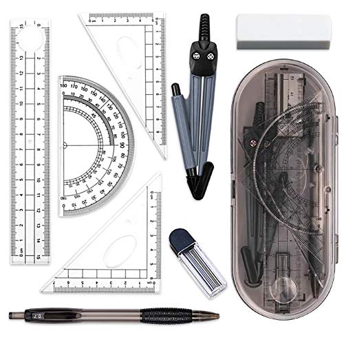 Math Geometry Kit Set 8 Pieces Student Supplies with Shatterproof Storage Box,Includes Rulers,Protractor,Compass,Pencil Lead Refills,Pencil,Eraser.for Students and Engineering Drawings