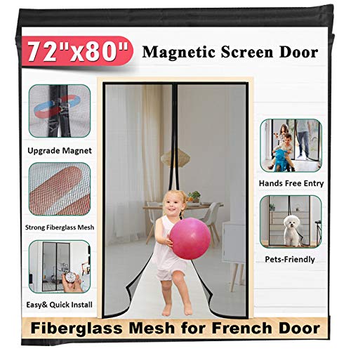 72”x80” Fiberglass Magnetic Screen Door - Mkicesky [Upgrade Reinforced Mesh] for French Door/Sliding Door, with Hands-Free, Kids/Pets Entry Freely, Full Frame Hook&Loop