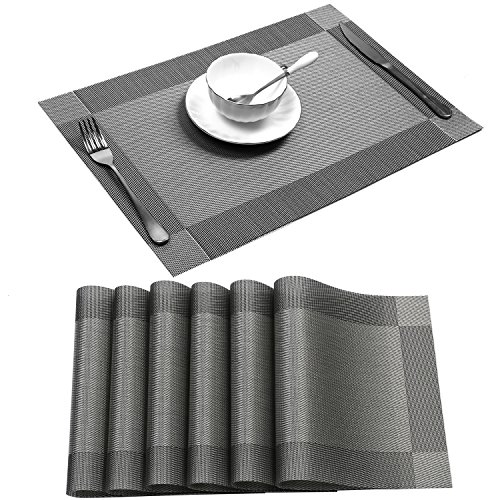 U'Artlines Placemat, Crossweave Woven Vinyl Non-Slip Insulation Placemat Washable Table Mats Set of 6 (6pcs placemats, Grey)