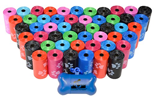 Downtown Pet Supply 960 Pet Waste Bags, Dog Waste Bags, Bulk Poop Bags with Leash Clip and Bone Bag Dispenser - (960 Bags, Rainbow with Paw Prints)