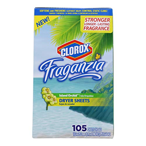 Clorox Fraganzia Fabric Softener Dryer Sheets | Scented Laundry Dryer Sheets for Great Smelling Clothes | Island Orchid Scent Laundry Sheets, 105 Count - 6 Pack