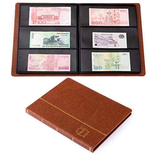 Ettonsun Leather 60-Pocket Paper Money Album Currency Holders for Collectors Collection Supplies Holder Book for Travel Bill Banknote Stamp Storage Display with 10 Collecting Pages (Brown)