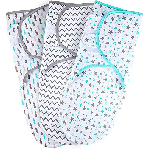 Baby Swaddle Blanket Wrap for Newborn Boy and Girl, 0-3 Months Old, 3 Set of Adjustable Infant Swaddle Sack, Tog 0.5, Aqua/Grey