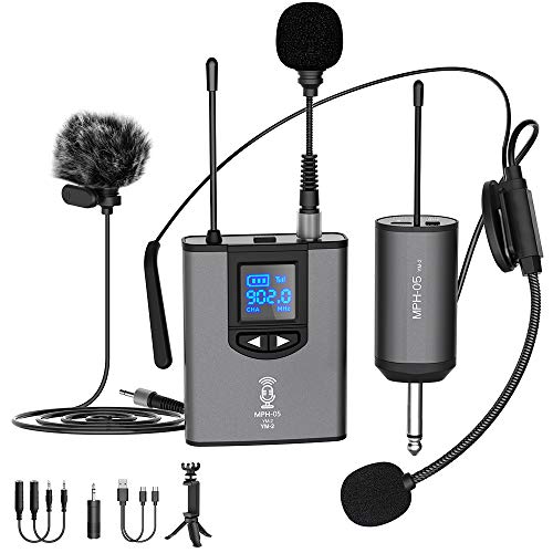 UHF Wireless Microphone System Headset Mic/Stand Mic/Lavalier Lapel Mic with Rechargeable Bodypack Transmitter & Receiver 1/4' Output for iPhone, PA speaker, DSLR Camera, Recording, Teaching
