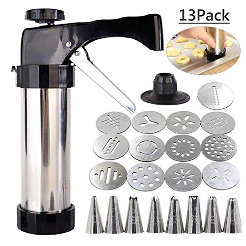 Cookie Press Gun, TEEPAO 13 Stainless Steel Disc Shapes Spritz Cookie Maker Kits And 8 Piping - Versatile, Reusable, For Christmas Party/Birthday Celebration/Anniversary Biscuit Decoration