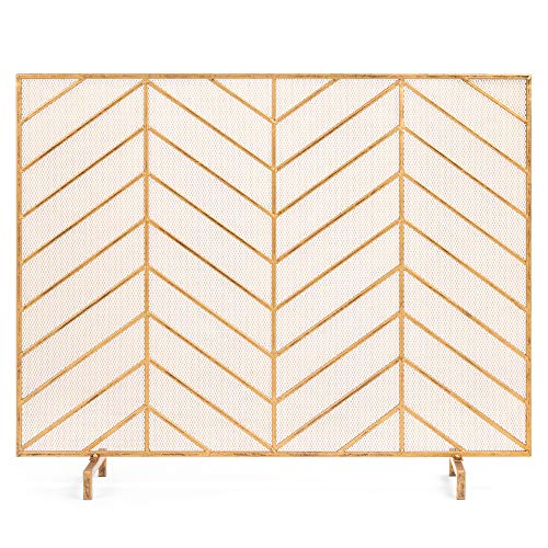 Best Choice Products 38x31in Single Panel Handcrafted Wrought Iron Mesh Chevron Fireplace Screen, Fire Spark Guard for Living Room, Bedroom Décor w/Distressed Antique Finish - Gold