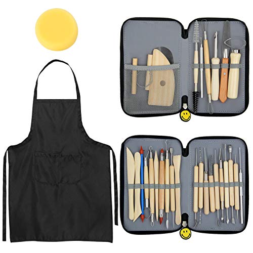 Blisstime Set of 30 Clay Sculpting Tool Wooden Handle Pottery Carving Tool Kit Carrying Case Apron