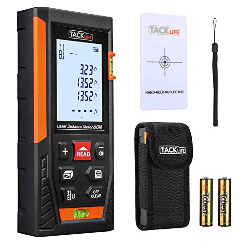 Tacklife HD60 Classic Laser Measure 196Ft M/In/Ft Mute Laser Distance Meter with 2 Bubble Levels, Backlit LCD and Pythagorean Mode, Measure Distance, Area and Volume - Carry Pouch and Battery Included