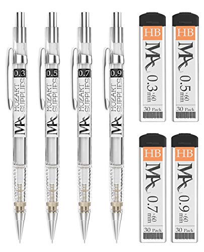 MozArt Supplies Mechanical Pencil Set - 4 Sizes: 0.3, 0.5, 0.7 & 0.9 mm, 30 HB Lead refills each & 4 Eraser Refills - Drafting, Sketching, Illustrations, Architecture (plastic 2)
