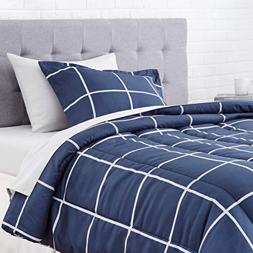 AmazonBasics 5-Piece Light-Weight Microfiber Bed-In-A-Bag Comforter Bedding Set - Twin or Twin XL, Navy Simple Plaid