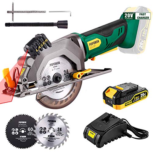 POPOMAN Cordless Circular Saw, 4-1/2' Saw with Laser Guide, 20V 2.0Ah Battery, 1H Charger, 9.5' Base Plate, Max Cutting Depth 1-11/16'' (90°), 1-1/8'' (45°), Wood, Plastic and Metal Cuts - MTW80B
