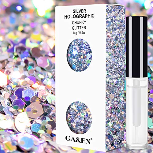 Silver Holographic Chunky Cosmetic Glitter Body Hair Face Eye Nail for Festival Carnival Concert Party Beauty Rave Accessories Different Sizes&Shapes ✮15g + Free Quick Dry Primer Glue Gel(5ml)