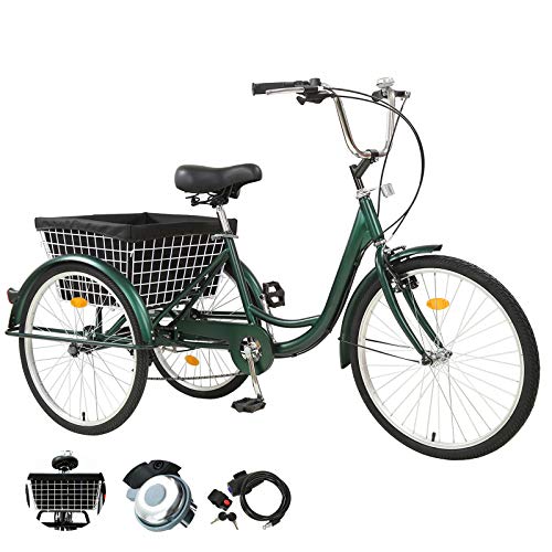 LYYNTTK Adult Tricycles Three Wheel Trike Bike Cruiser 7 Speed, Adult Trikes 24 inch Wheels Low Step-Through with Cargo Basket/Full Assembly Tool for Women, Men, Seniors (Green, 24 Inch)