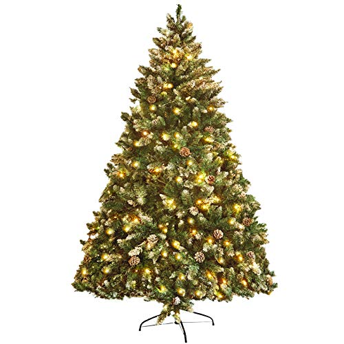 PRAISUN 6 ft Pre-Lit Snow Artificial Christmas Tree with 450 LED Lights, 1000 Branch Tips Hinged Flocked Trees with Pine Cones and Metal Stand, Holiday Decoration Xmas Tree