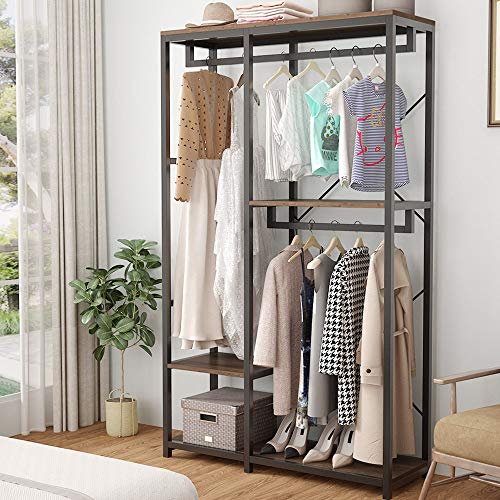 Tribesigns Double Rod Closet Organizer, Wood Free Standing 3 Shelves Clothes Garment Rack, Large Heavy Duty Clothing Storage Shelving Unit for Bedroom,Vintage Walnut