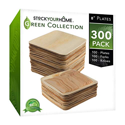 Stock Your Home Compostable Eco Friendly Bamboo Like Palm Leaf Plates and Cutlery Set (300 Pieces) - Wooden Disposable Plates - Wooden Disposable Cutlery - Rustic Themed Plates & Cutlery