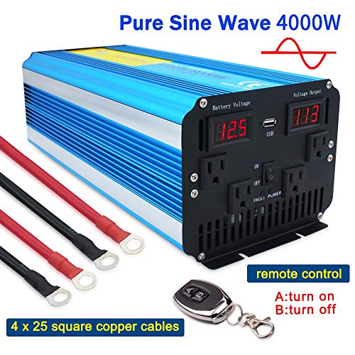 Cantonape Pure Sine Wave Inverter 4000W Power Inverter 12V to 110V DC to AC with LED Display Remote Controller for Truck RV Home Solar System
