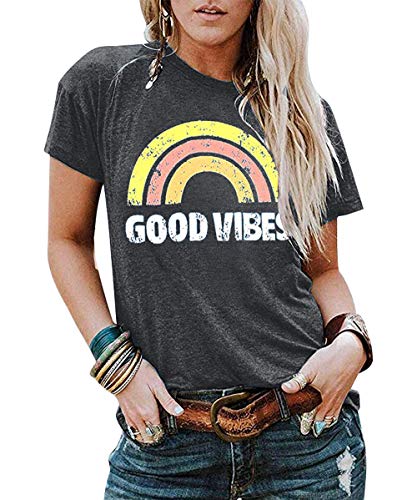JINTING Good Vibes Graphic Tee Shirt for Women Teen Girls Graphic Short Sleeve Casual T Shirt Top with Funny Sayings Gray