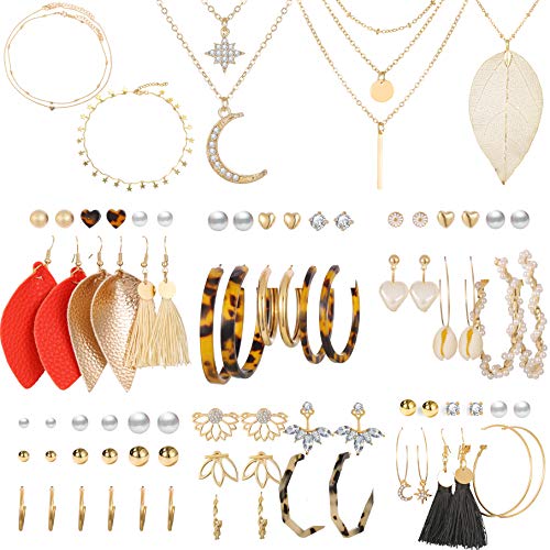 43 Pcs Necklace and Earring Sets for Women Girls Including 38 Pcs Bohemian Leather Tassel Earrings & 5 Pcs Gold Multi-layer Choker Leaf Pendant Necklace for Birthday/Valentine's Day/Friendship Gifts