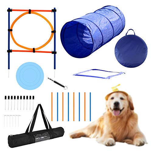 YON.SOU. Dog Agility Training Equipment, Obstacle Course Training, Pet Toy for Speed & Jumps (with Dog Agility rods Jump& Hoops, Agility Tunnel Frisbee Training Whistle, Carrying Bag) Blue