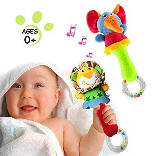 CHAFIN Baby Soft Rattles Shaker , Infant Developmental Hand Grip Baby Toys , Cute Stuffed Animal with Sound for 3 6 9 12 Months and Newborn Gift(2 Pack)