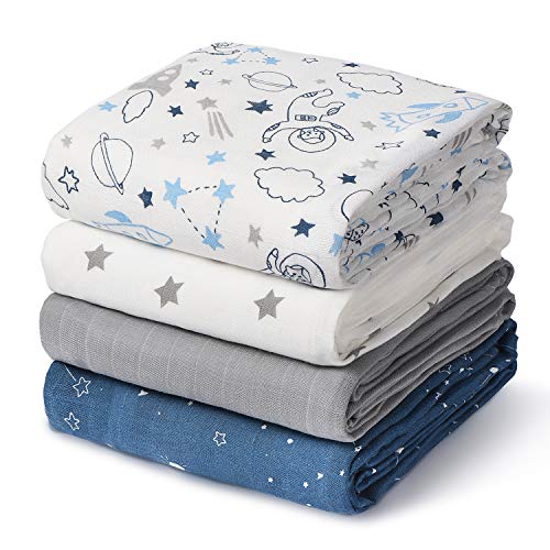 Momcozy Muslin Swaddle Blanket Baby Girl Newborn, 4 Pack Large Wrap Swaddle Blankets Soft Silky Breathable (70% Bamboo + 30% Cotton), Receiving Blanket, Space Roam Patterns