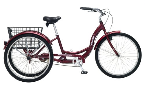 Schwinn Meridian Adult Tricycle with 26-Inch Wheels in Maroon, with Low Step-Through Aluminum Frame, Front and Rear Fenders, Adjustable Handlebars, Large Cruiser Seat, and Rear Folding Basket