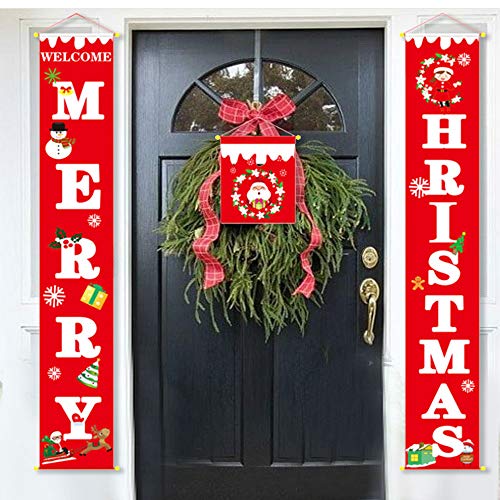 3Pcs Christmas Decorations Outdoor Interior - MERRY HRISTMAS Porch Sign - Santa Snowman Wreath Pattern Banner Sign - Home Wall Door Apartment Front Door Party Hanging Decoration (Red) Gift Glue