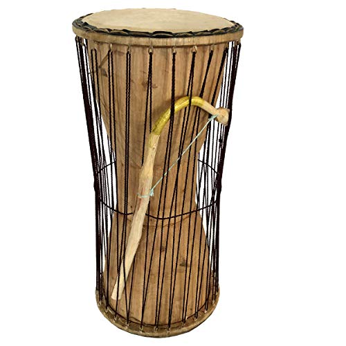 Classic Heartwood Dondo Talking Drum 7x15, African Talking Drum with Curved Stick - Ghana