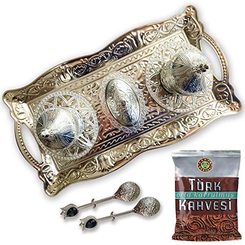 Turkish Greek Arab Coffee Espresso Silver Set for Serving - 14 Pcs - 100g Turkish Coffee - Porcelain Cups with Tray Saucers Pot Sugar Bowl - Boxed - Best Gift Idea