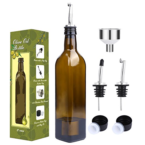 Aozita 17oz Glass Olive Oil Bottle - 500ml Dark Brown Oil & Vinegar Cruet with Pourers and Funnel - Olive Oil Carafe Decanter for Kitchen