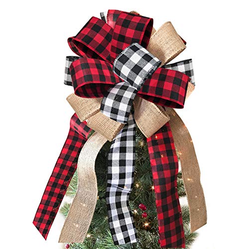 ORIENTAL CHERRY Christmas Tree Topper - Buffalo Plaid Red Black Burlap Decorative Bow - Rustic Farmhouse Xmas Decorations Home Decor - Handmade