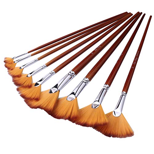 WODE Shop 9 Pieces Artist Fan Brushes Set, Nylon Hair Wood Long Handle Paint Brush for Acrylic Watercolor Oil Painting