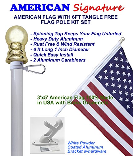 American Flag and Pole kit Set: Includes a 3x5 ft US Flag Made in USA, 6 ft Aluminum Tangle Free Spinning Flag Pole with carabiners, and flagpole Holder Wall Mount Bracket (White)