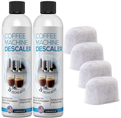 (4+4) 4-Use Coffee Machine Descaling Solution Plus 4 Filters - Universal Descaler Concentrate for All Keurig 1.0 & 2.0 K-Cup Pod Machines and Espresso Machines