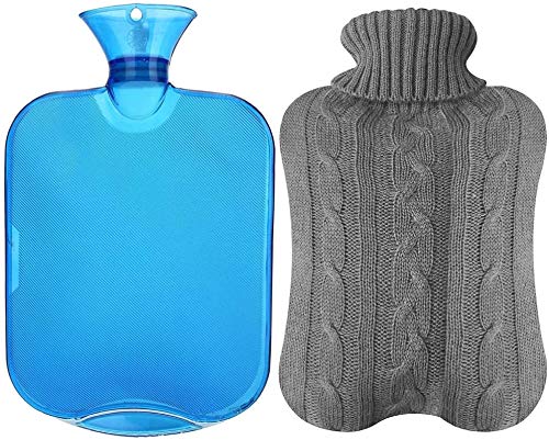 All one tech Transparent Classic Rubber Hot Water Bottle with Knit Cover - Blue