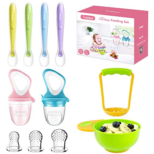 Food Feeder Baby Fresh Fruit Feeder (2 Pack) with 3 Different Sized Silicone Pacifiers, Mash and Serve Bowl with 4 Soft-Tip Silicone Baby Spoons, Perfect Baby First Stage Feeding Set by MICHEF