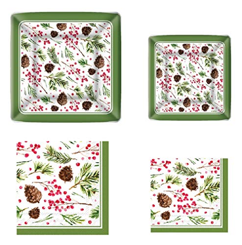 Square Christmas Paper Plates and Napkins Set - Rustic Christmas Plates and Napkins - Includes Dinner Plates & Napkins and Dessert Plates & Napkins - 72 Total Pieces