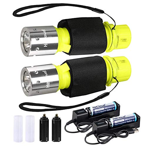 HECLOUD Professional 1200 Lumens Diving Flashlight with Battery and Charger, IPX8 Waterproof Bright LED Submarine Snorkeling Dive Torch Light for Scuba Diving Outdoor Underwater Sports (Yellow)(2Pack)