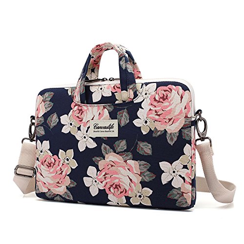 Canvaslife White Rose waterproof Patten Canvas Laptop Shoulder Messenger Bag Case Sleeve for 11 Inch 12 Inch 13 Inch Laptop and 11/12/ 13