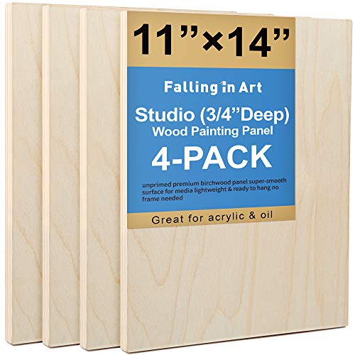 Unfinished Birch Wood Canvas Panels Kit, Falling in Art 4 Pack of 11x14’’ Studio 3/4’’ Deep Cradle Boards for Pouring Art, Crafts, Painting and More