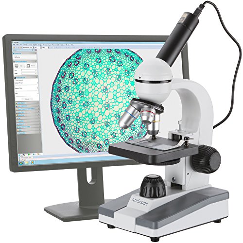 AmScope M148-E Digital Compound Monocular Microscope, WF10x Eyepiece, 40x-400x Magnification, LED Illumination, Brightfield, Single-Lens Condenser, Plain Stage, 110V or Battery-Powered, Includes 0.3MP Camera and Software